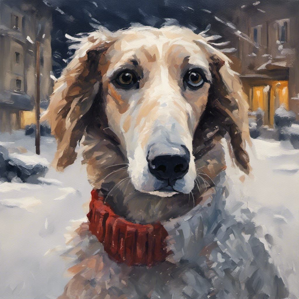 Sad Borzoi Dog in Paris: Impressionist Oil Painting