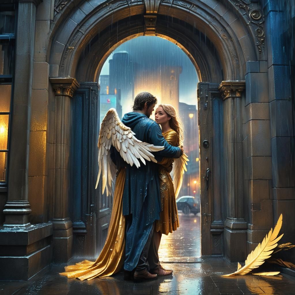 Romantic Couple's Embrace Watched by Angels