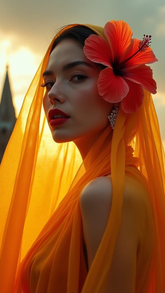 Ethereal Beauty with Golden Veil in Hyper-Realistic Style