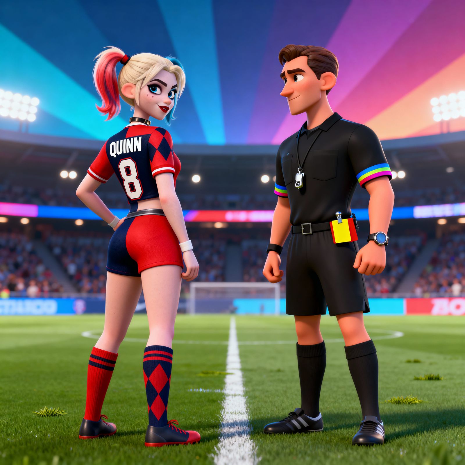 Harley Quinn Argues with Referee at Soccer Match CGI