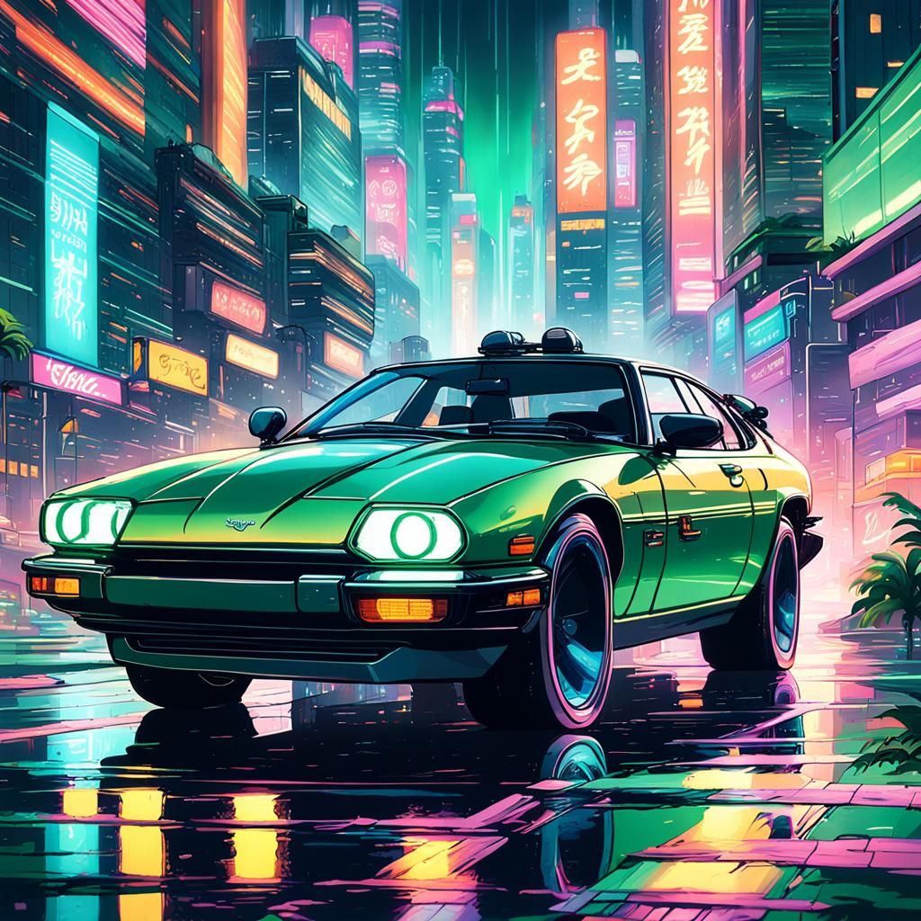 Green Jaguar XJS Races Through Cyberpunk City