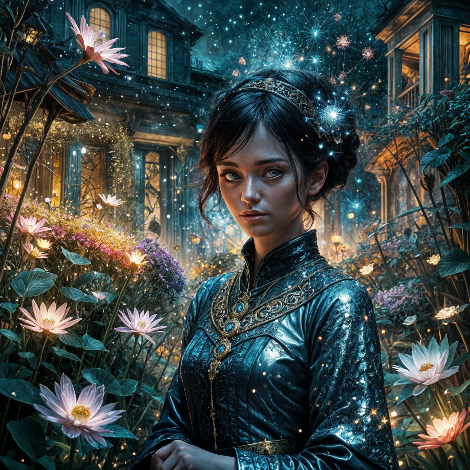 Glittering Midnight Garden with Sparks and Magic