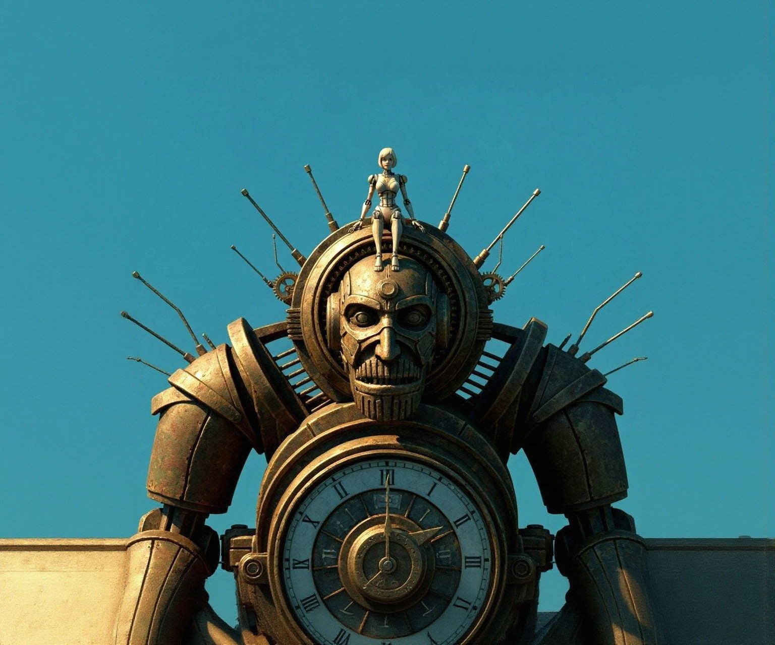 Female Robot on Ancient Clockwork Automaton in Moebius Style