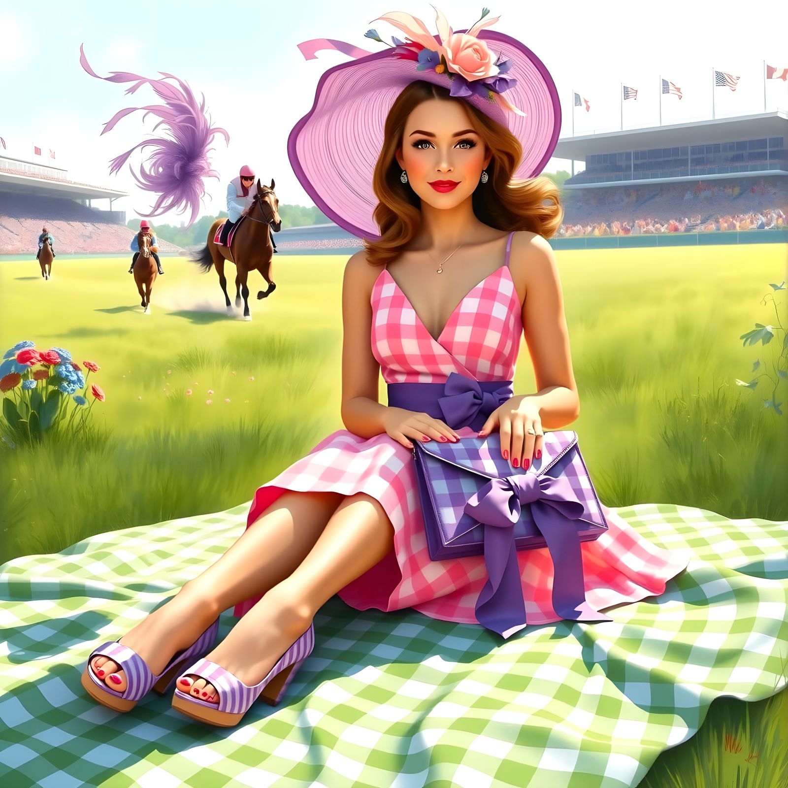 Woman in Vibrant Gingham Print at the Kentucky Derby
