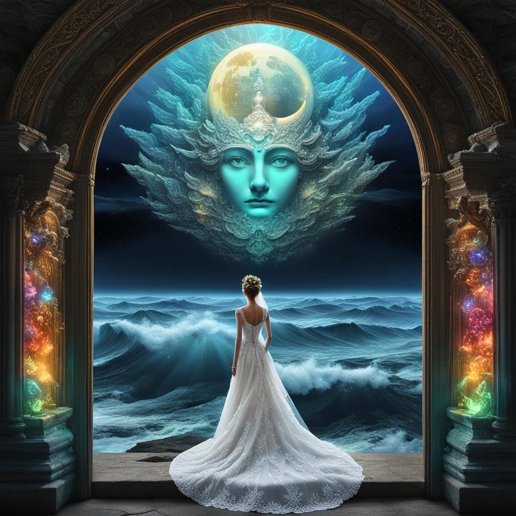 Ethereal Bride Over Ocean with Astral Ship