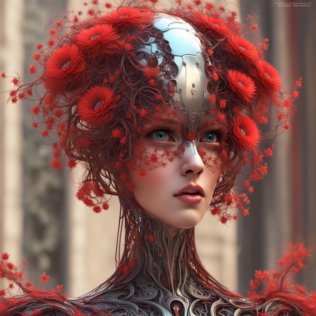 Elegant Robot with Floral Hair in Sci-Fi Style