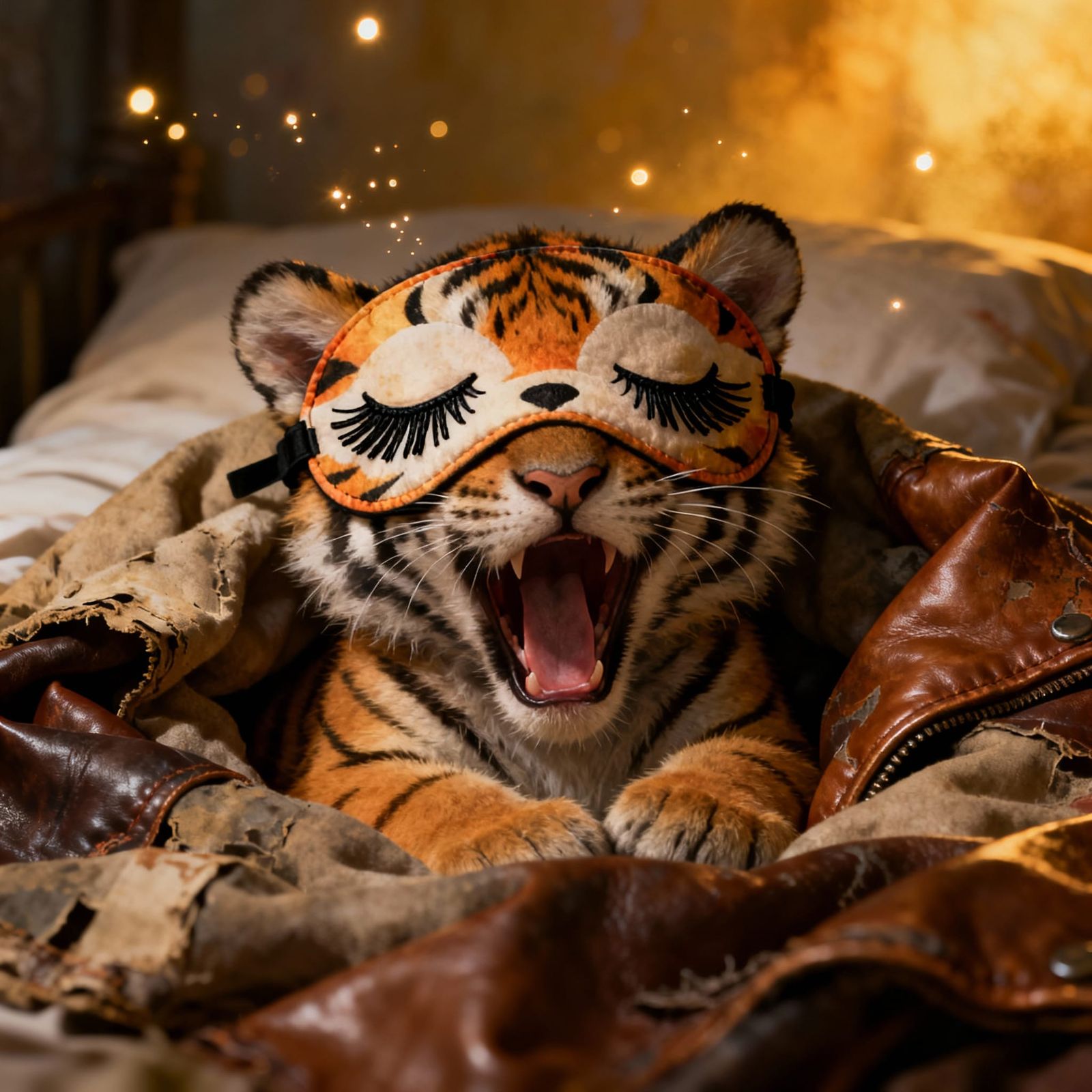 Baby Tiger in Cozy Bed, Hypermaximalist Dreamscape
