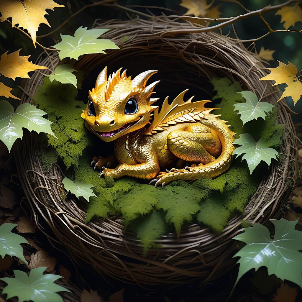 Sleeping Baby Gold Dragon in Forest Nest