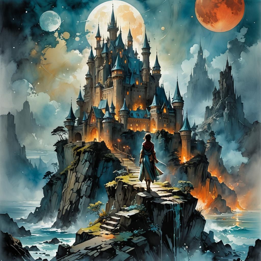 Fantasy Castle on Blood Moon, Watercolor Painting