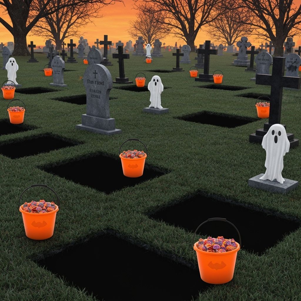 Eerie Graveyard Scene With Candy Buckets and Ghosts
