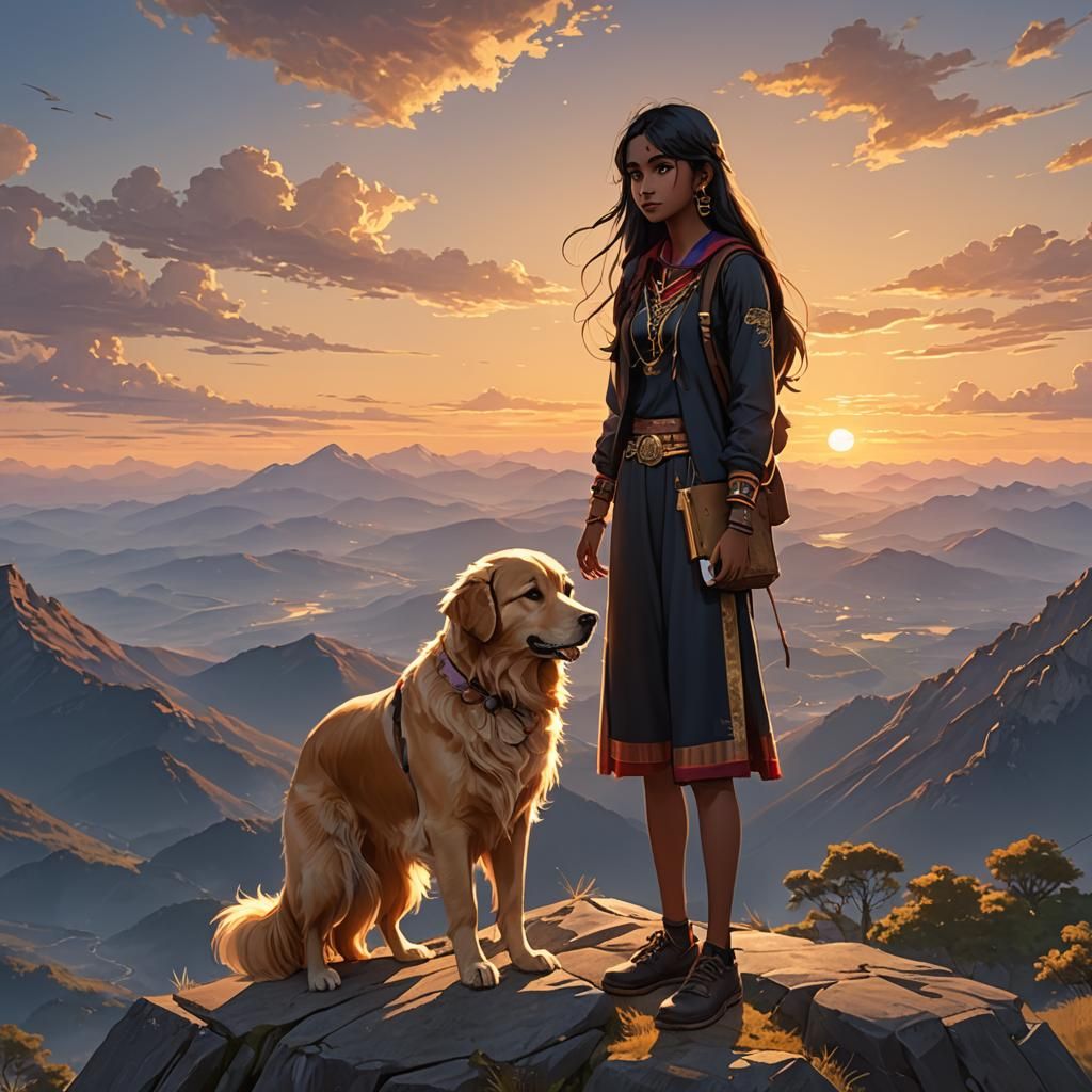 Indian Girl with Retriever at Sunset: 3D Anime Art