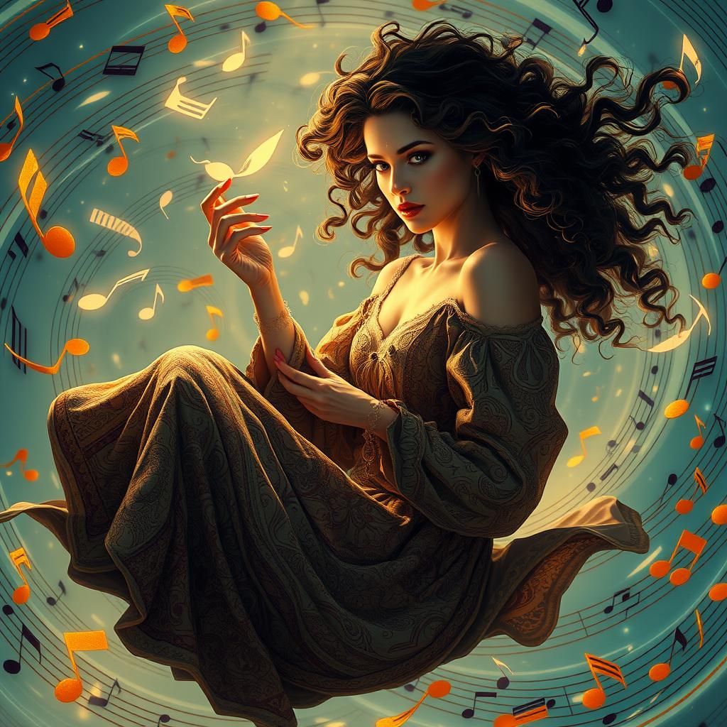 Woman on Flying Music Notes in Art Nouveau Style