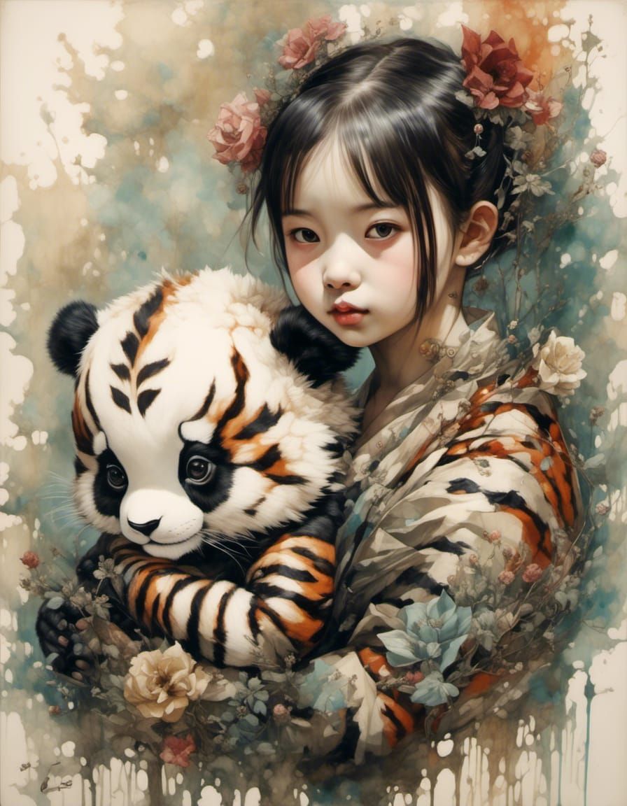 Whimsical Portrait of Panda and Tiger Cub