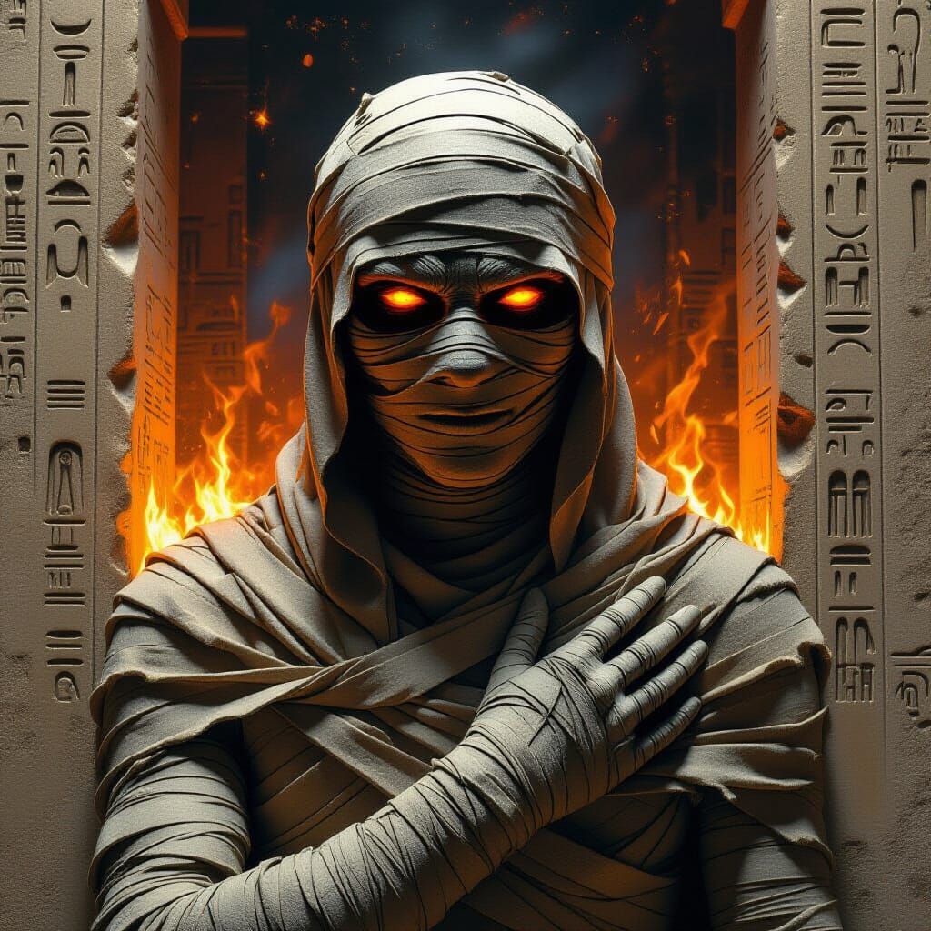 Obsidian Mummy with Fiery Eyes in Giger-Beksiński Style