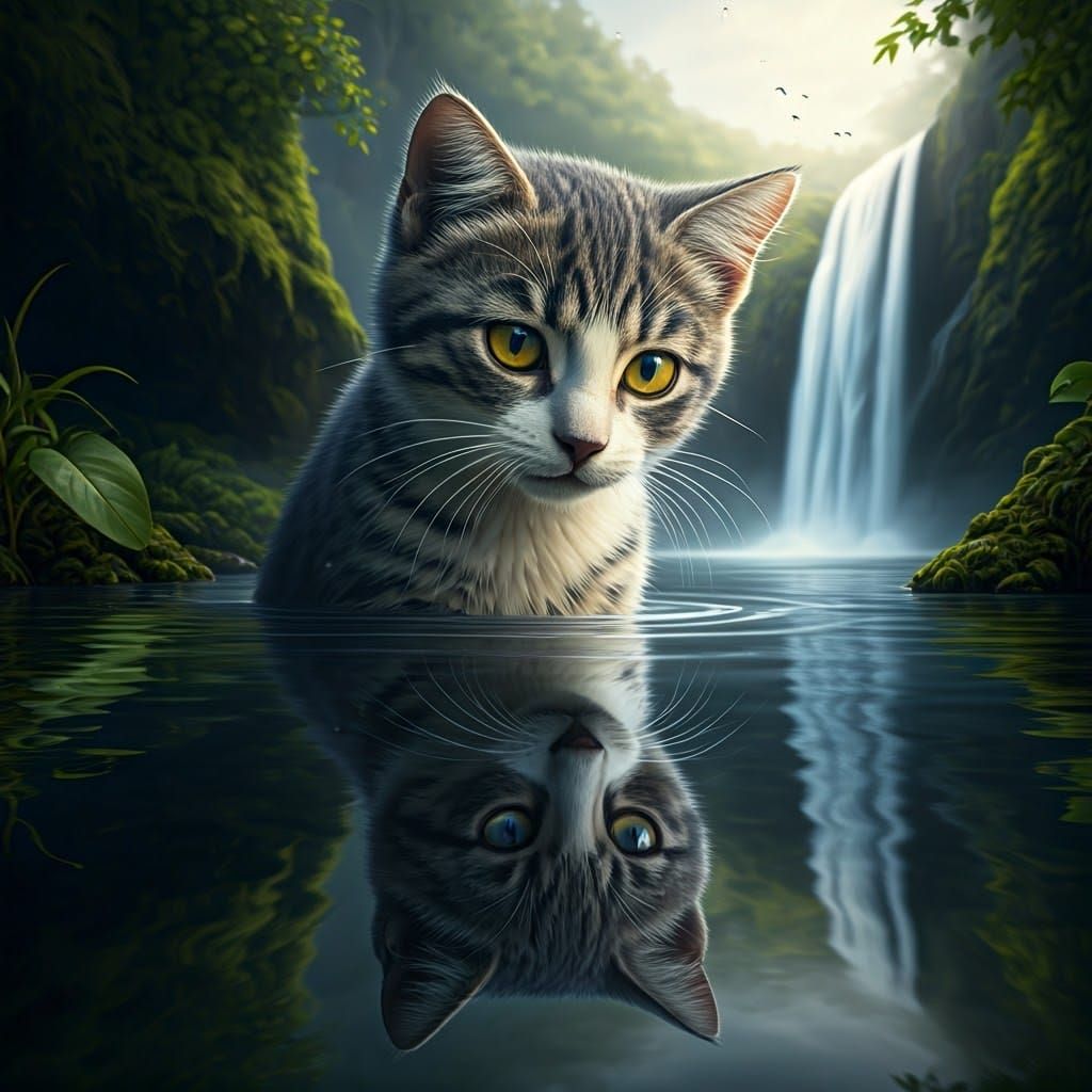 Kitten's Reflection: Jaguar with Glowing Eyes