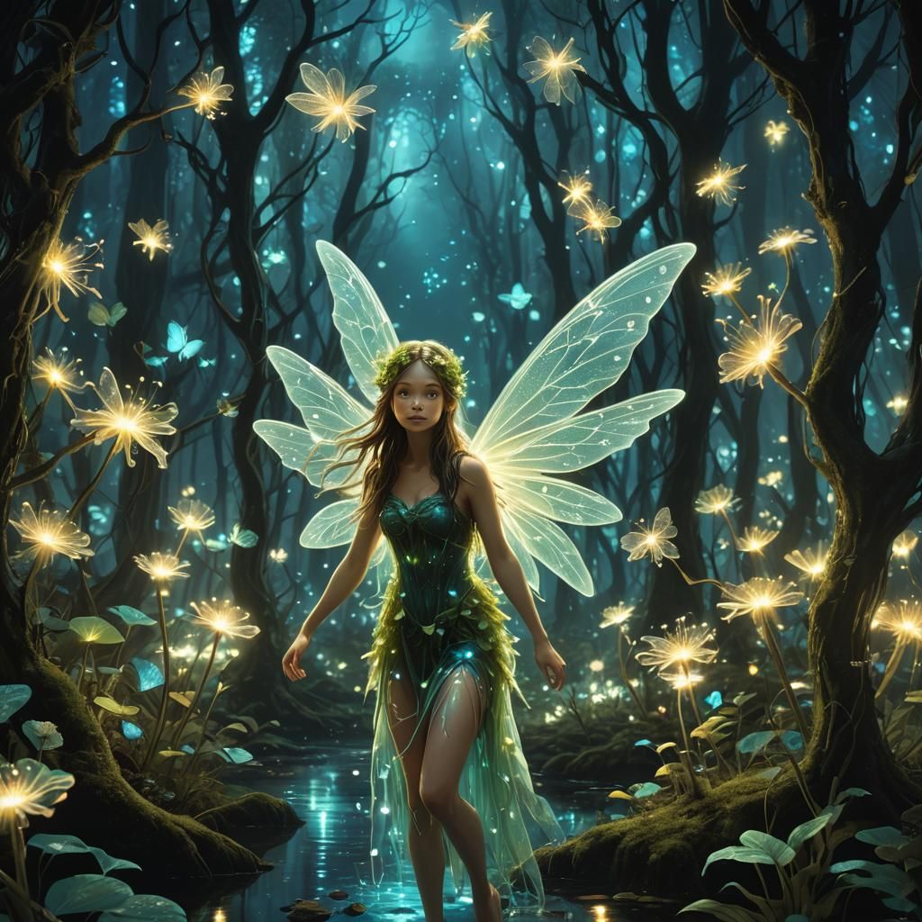 Fairy in a Bioluminescent Forest Scene