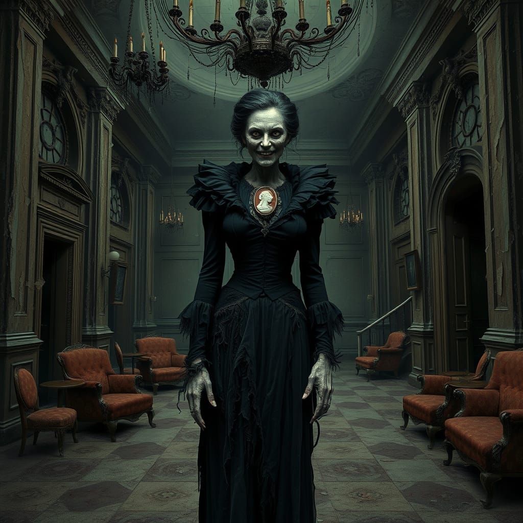 Eerie Victorian Lady in Abandoned Hotel Lobby