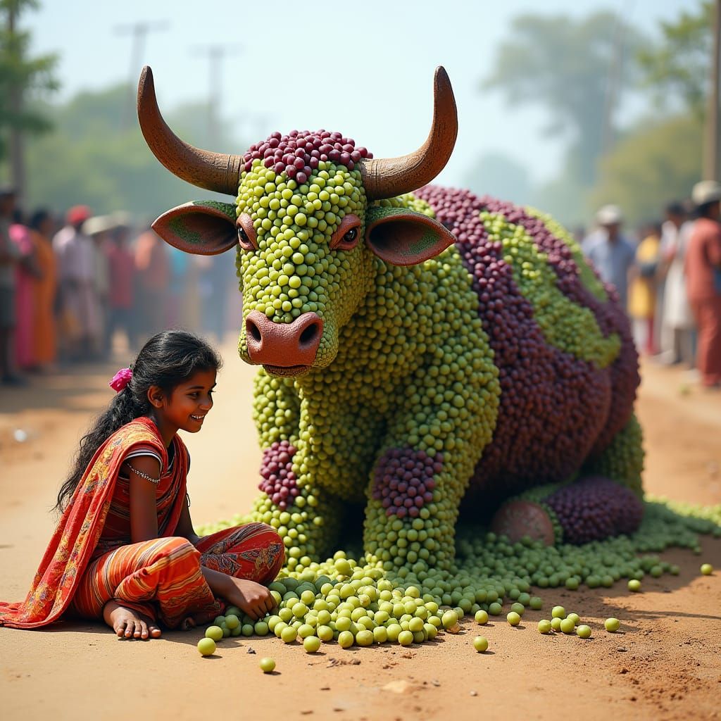 Indian Girl Sculpts Grape Cow, Folk Art Style
