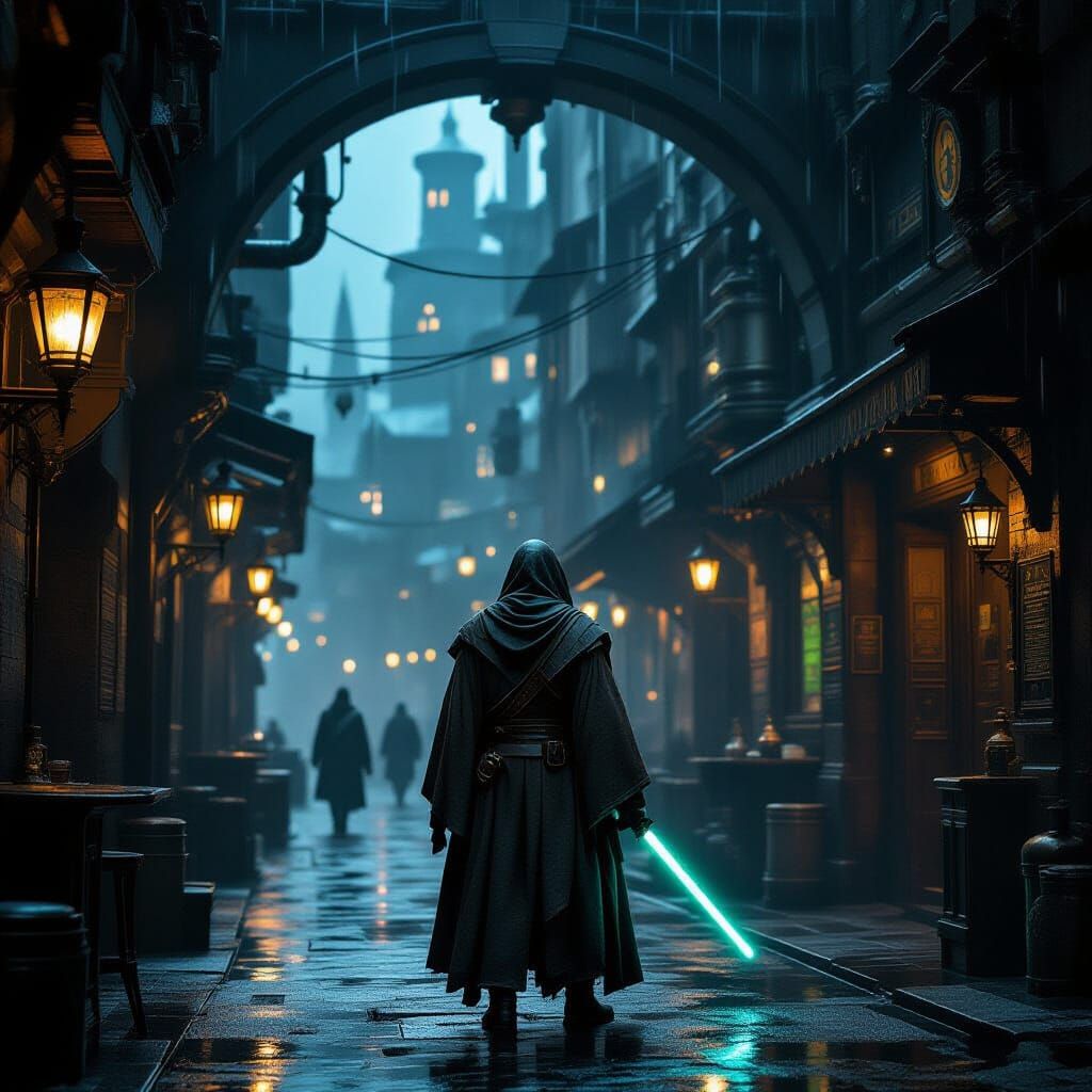 Jedi Knight in Steampunk City Tavern Entrance