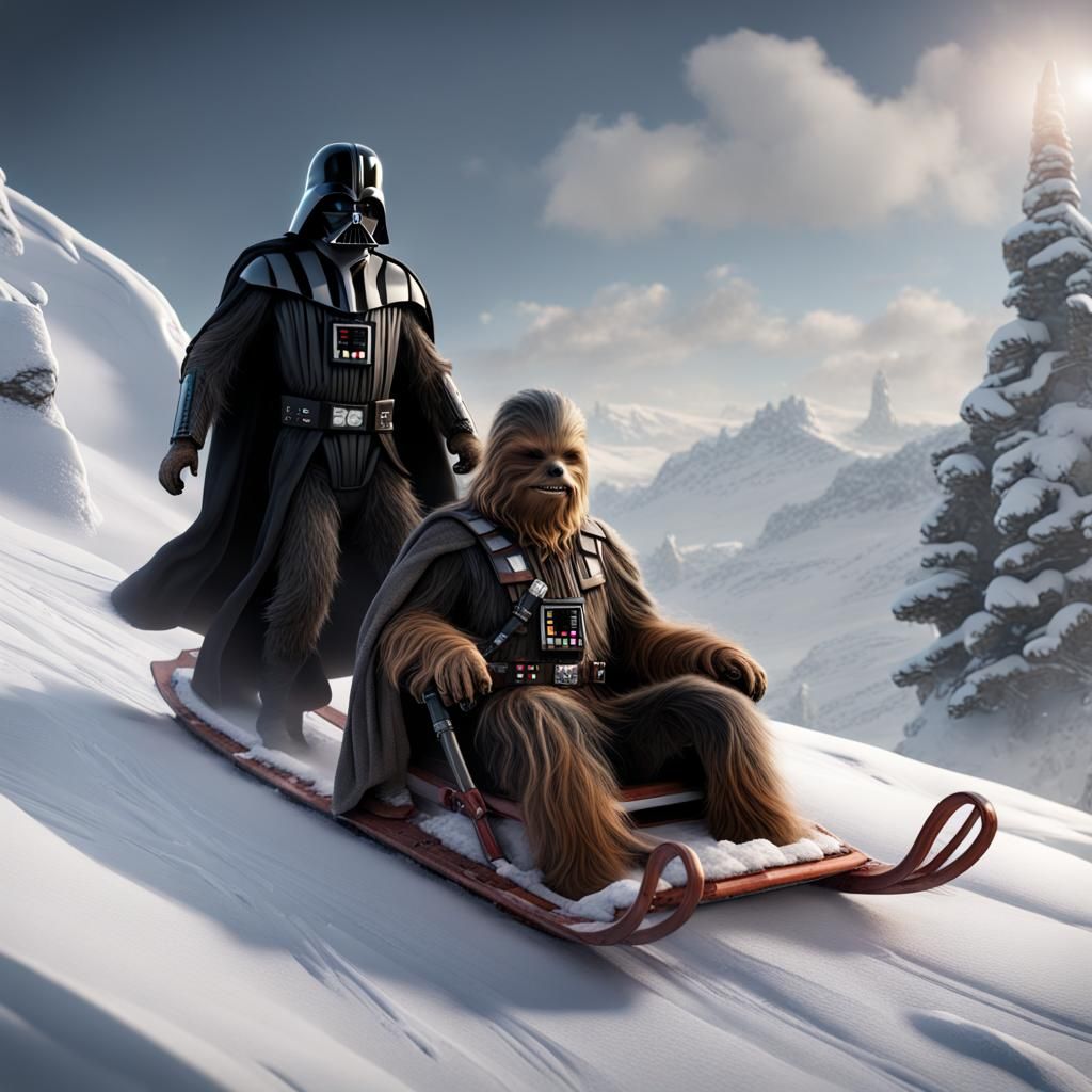 Chewbacca and Darth Vader Sledding Together
