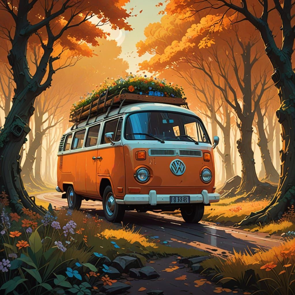 Whimsical Campervan Scene in Epic Fantasy Style