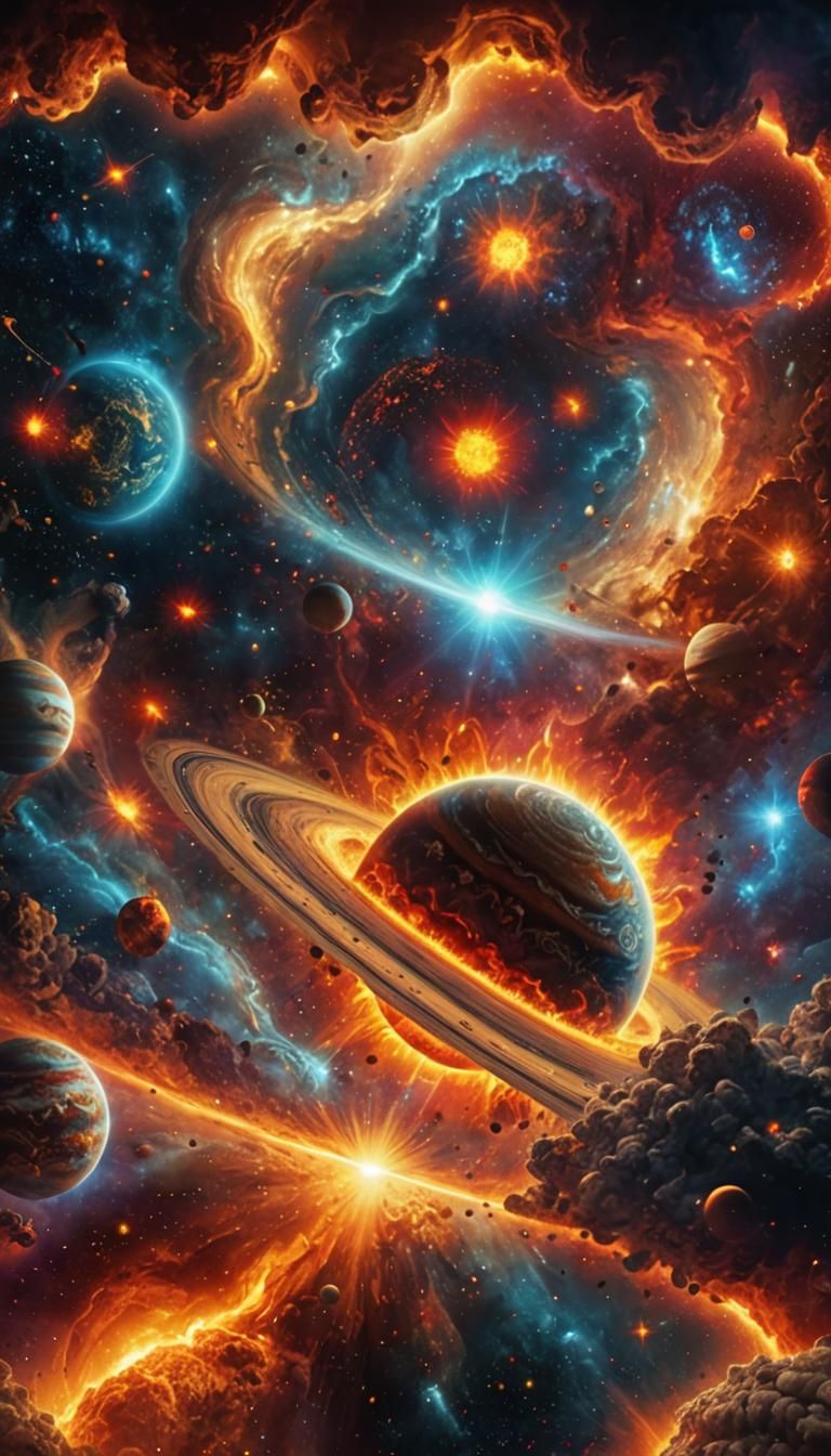 Full Universe with Fiery Sun: Digital Matte Painting