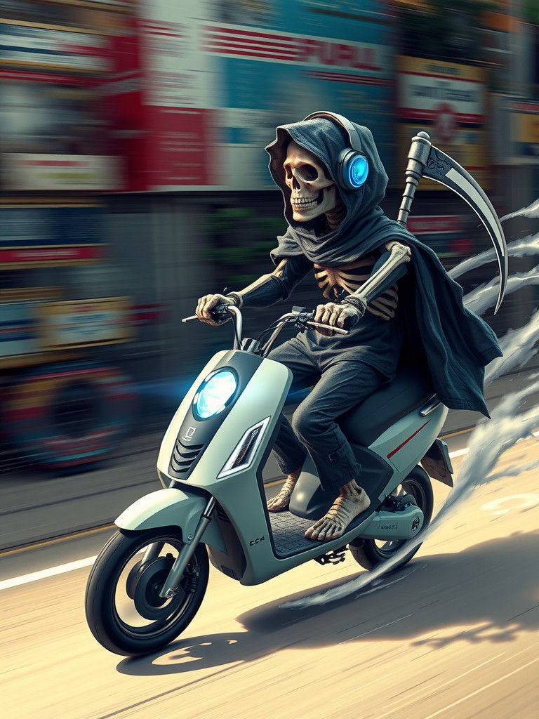 Grim Reaper Balances on Scooter in Cyberpunk Style