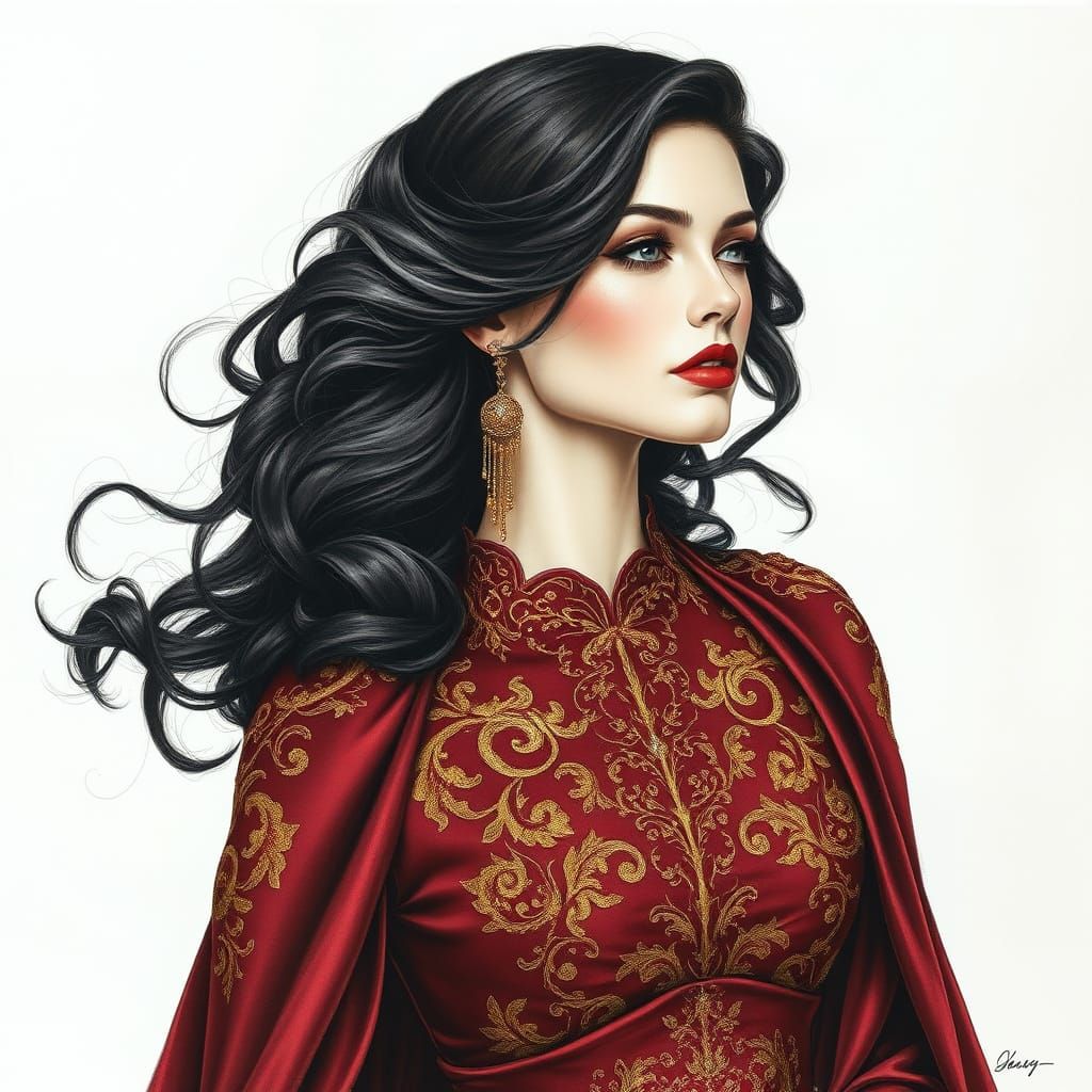 Luxurious Maroon Princess in Art Nouveau Elegance