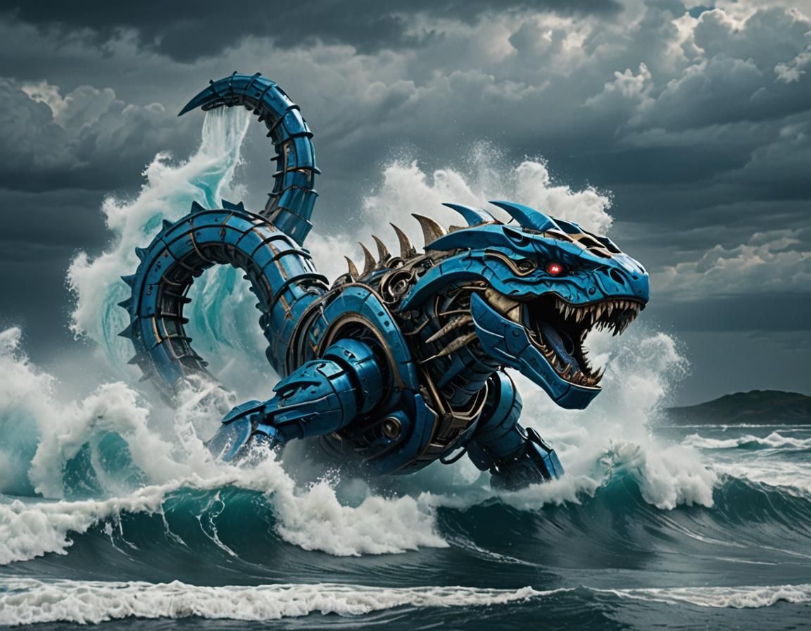 Mechanical Leviathan Emerges from Ocean, Cinematic Still