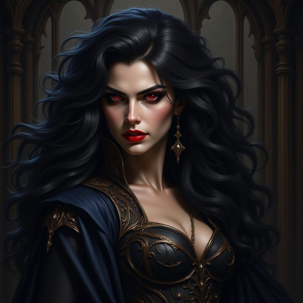 Vampire Woman with Fangs and Red Eyes