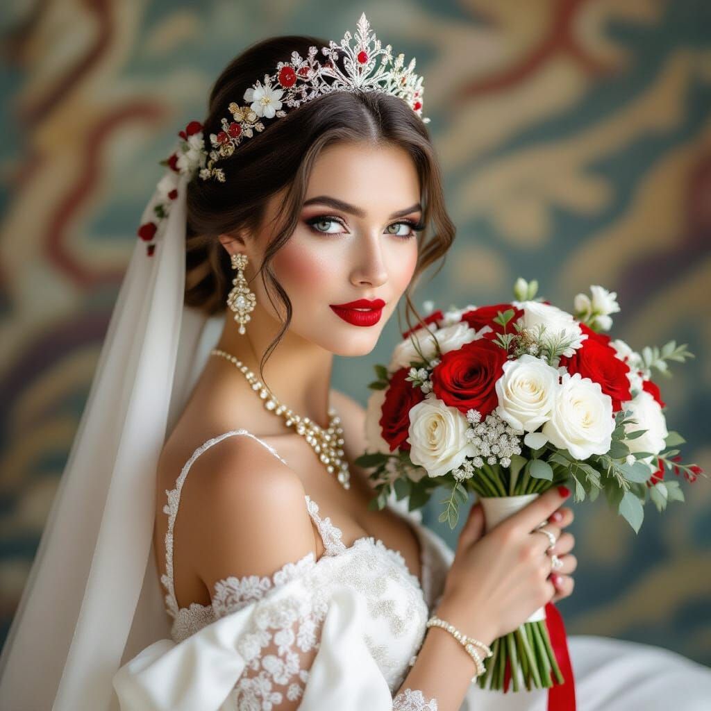 Elegant Bride with Red Lipstick in Art Nouveau Style