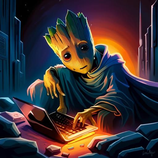 Groot Using Laptop: Fantasycore Digital Art
