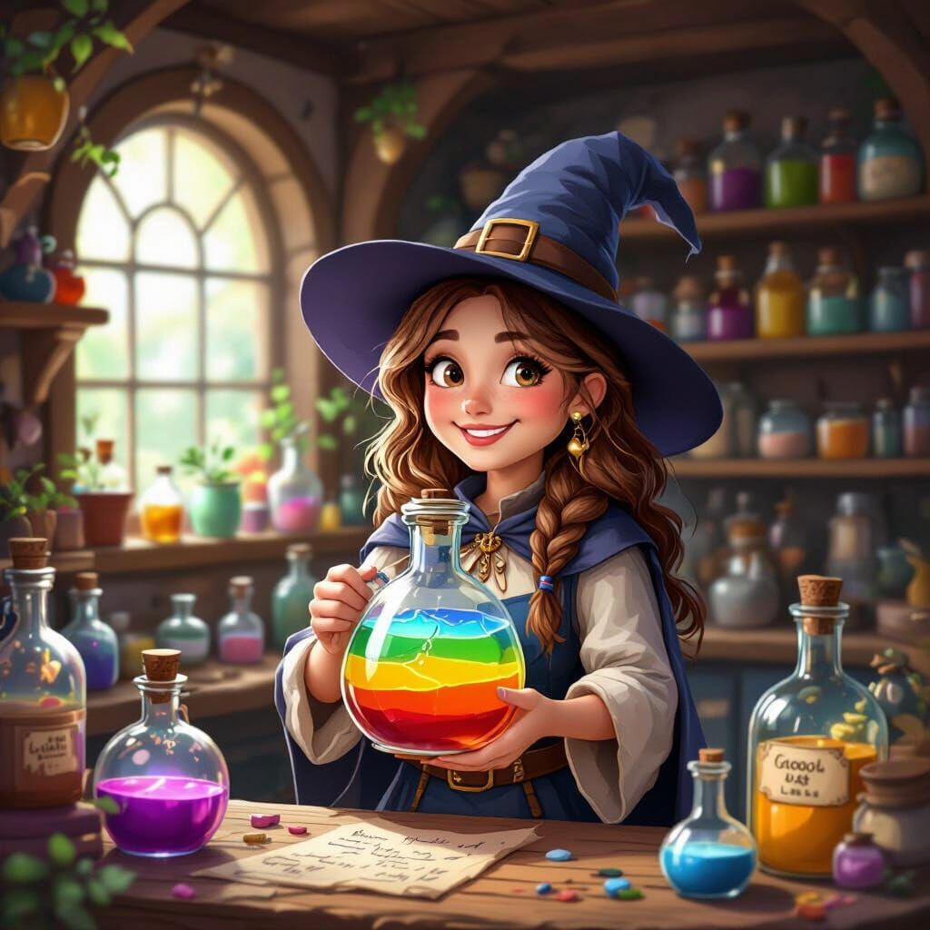 Cute Witch Holding Rainbow Potion in Shop