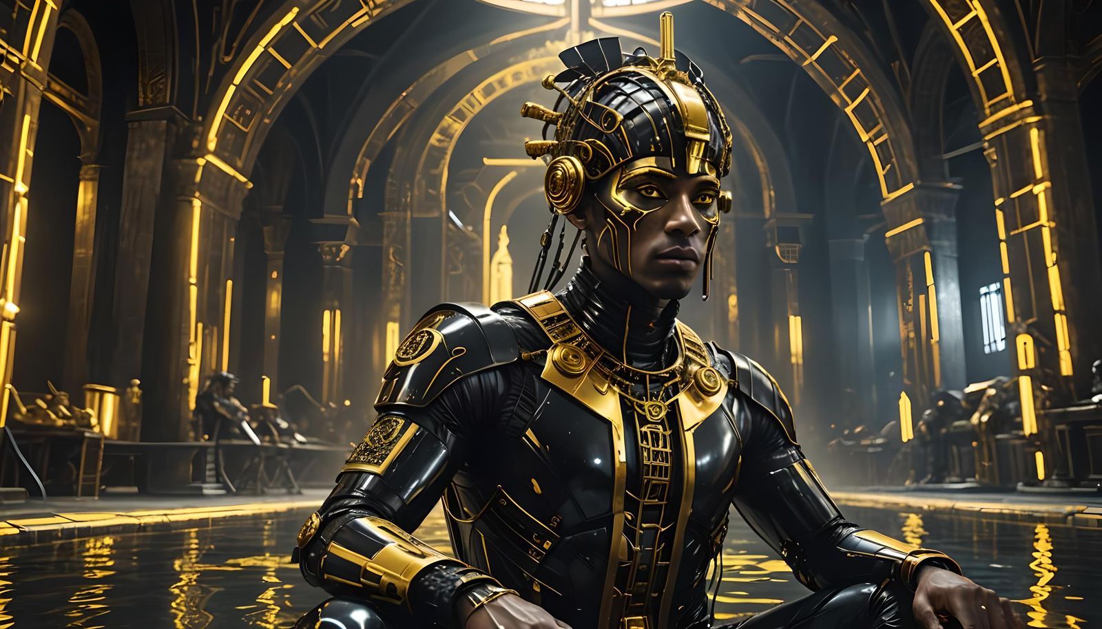 Futuristic Egyptian Cyborg in Gothic Cathedral