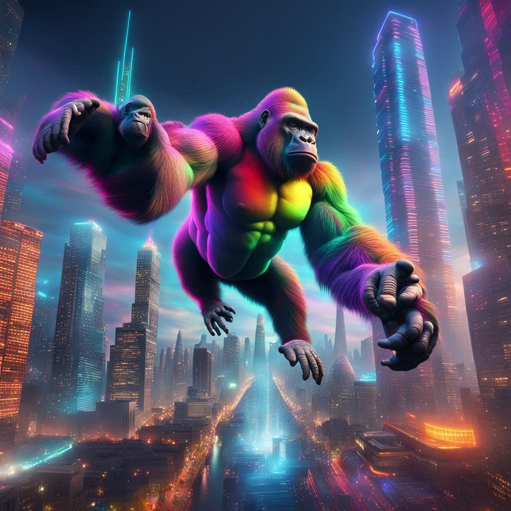 Hyperreal 8k Crazy flying gorilla in rainbow colours soaring high above futuristic skycrapers with vivid multicoloured n...