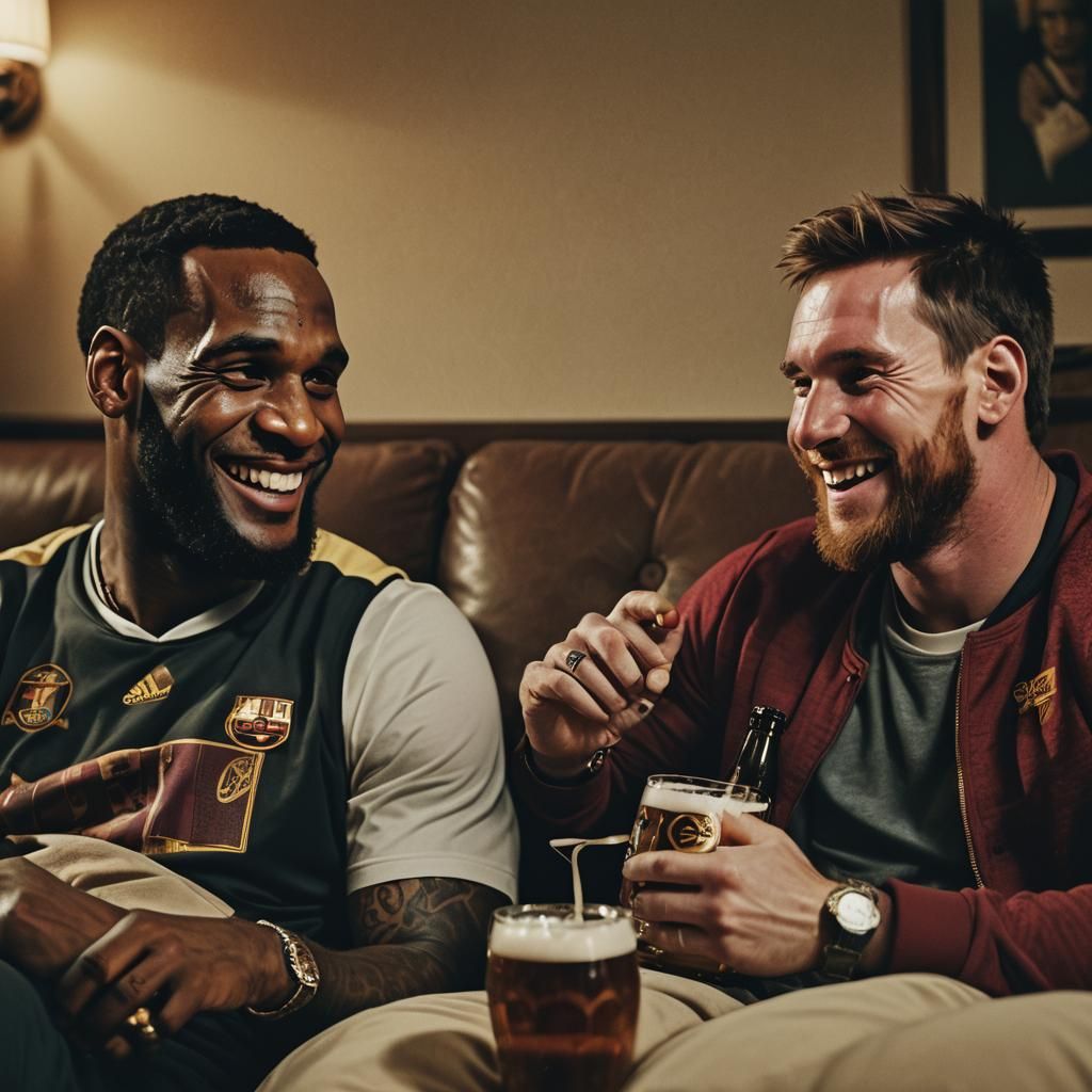 LeBron James and Messi Relaxing, Cinematic Film Still