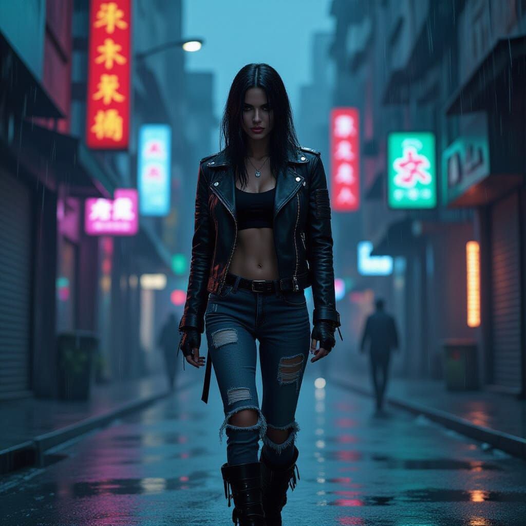 Cyberpunk Orc in Rain-Soaked Cityscape