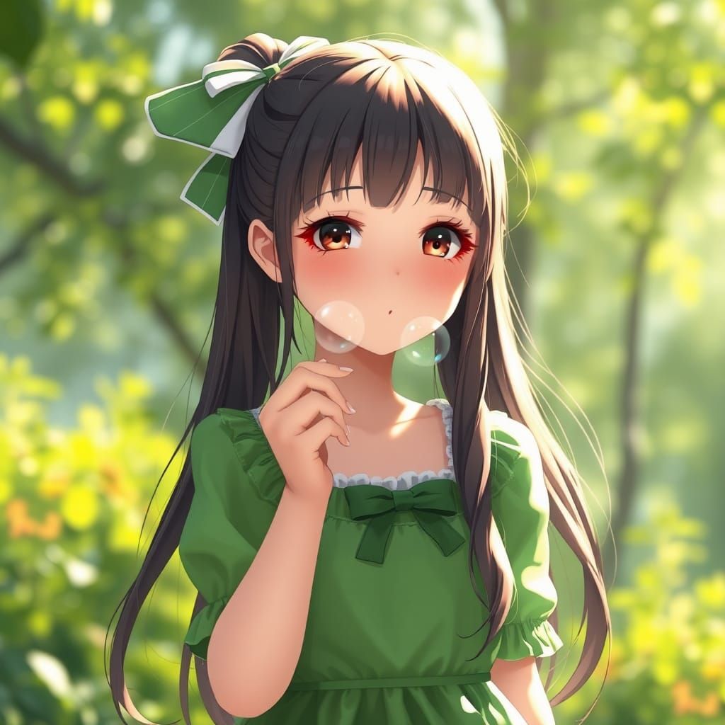 Girl Blowing Bubbles in Lush Green Setting: Anime Art