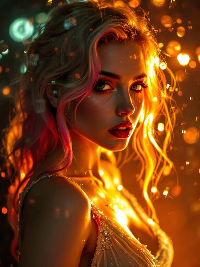 Pin-Up Woman in Luminous Twilight with Refractive Distortion