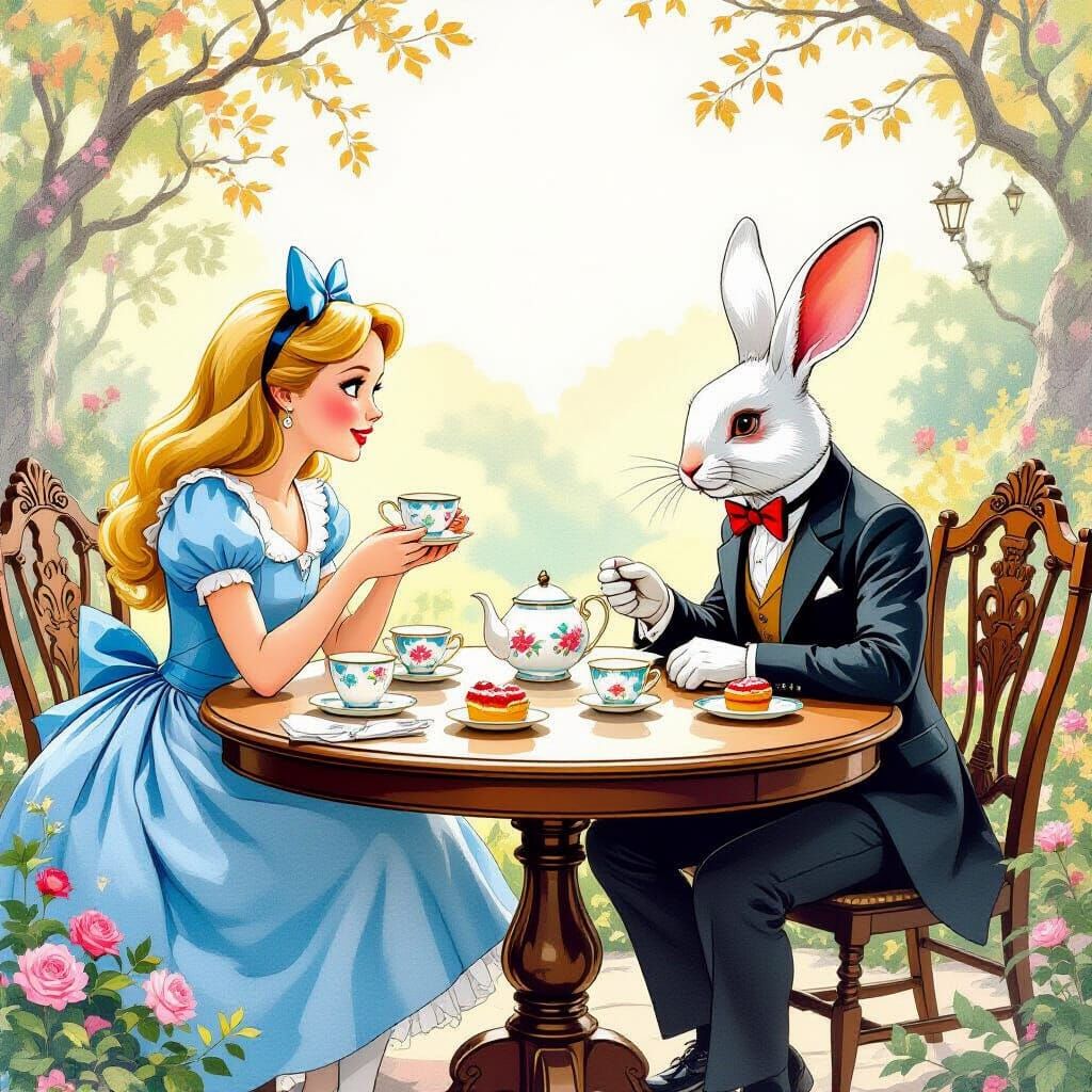Alice and Rabbit's Whimsical Teatime Illustration