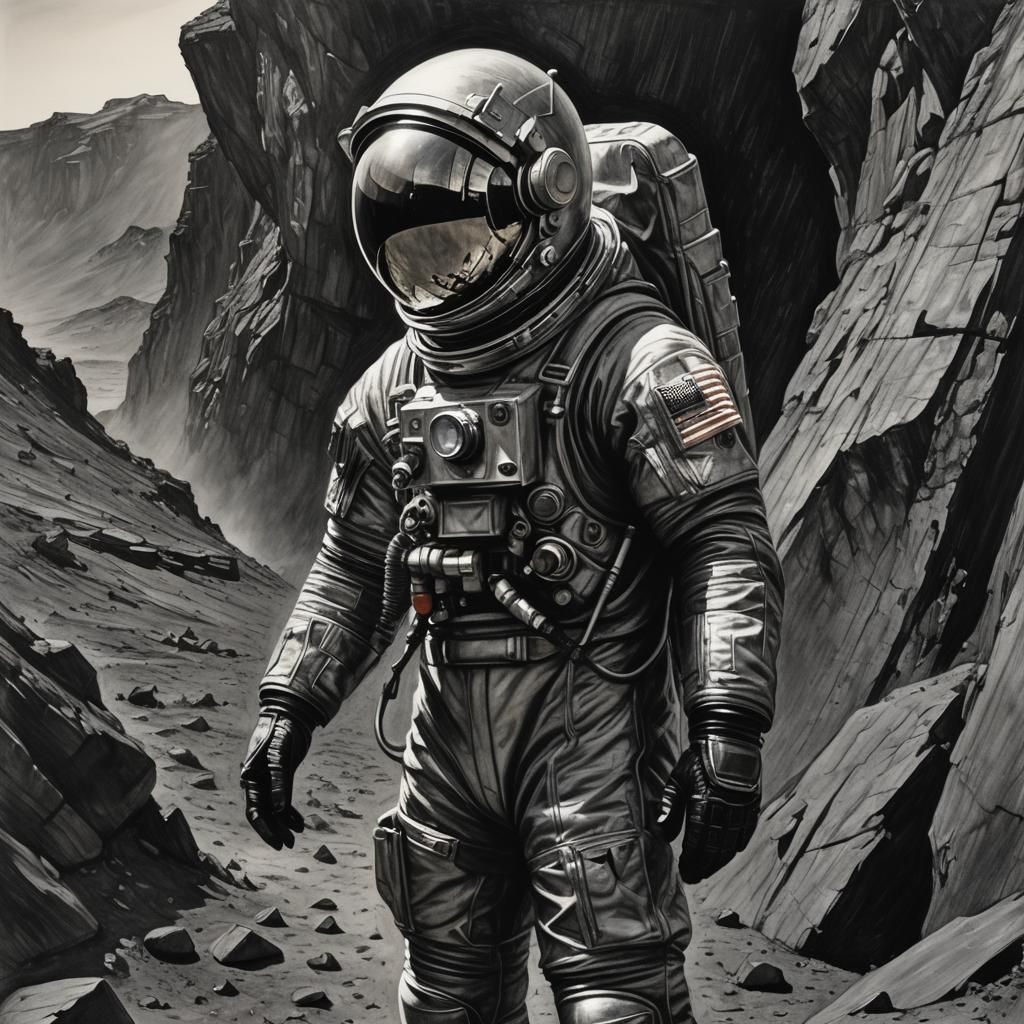 Astronaut on Barren Cliff: Hyperdetailed Charcoal Drawing