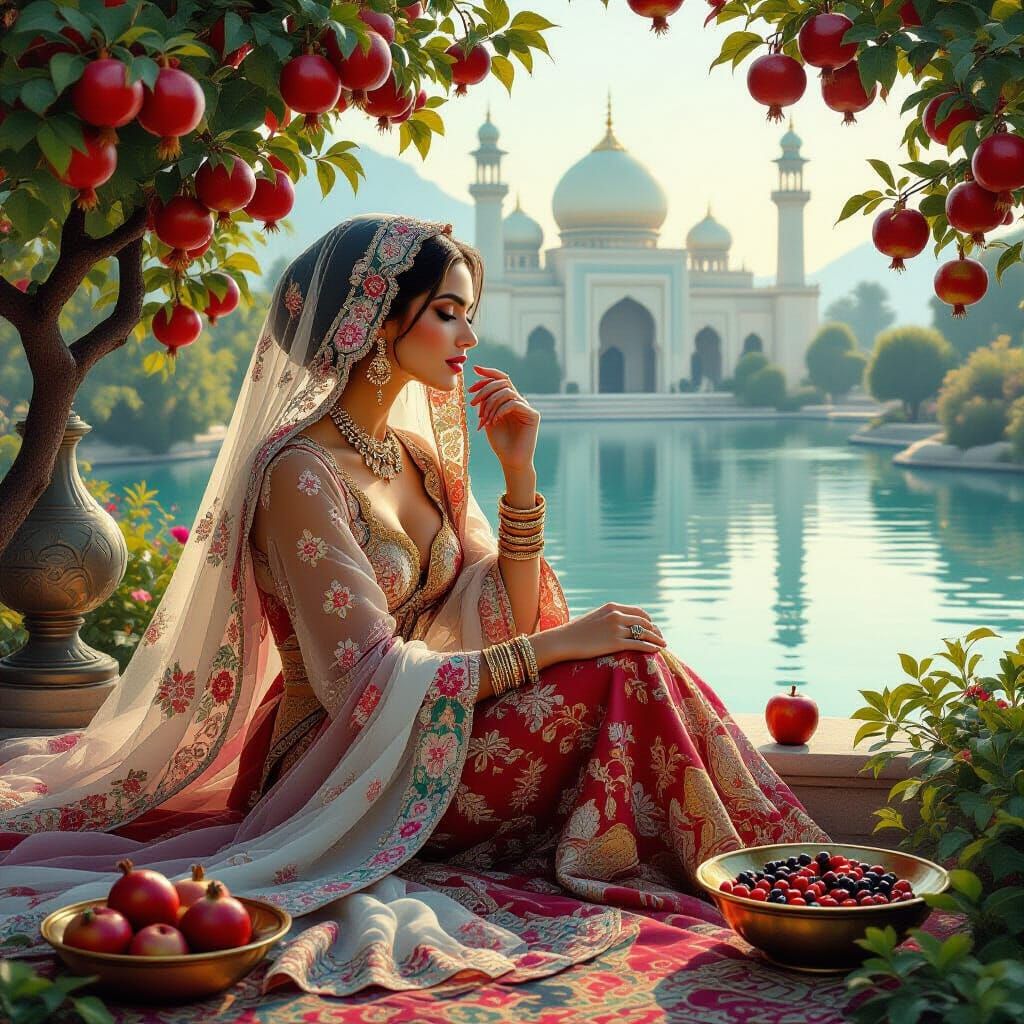 Regal Woman in Palace Garden with Encaustic Textures