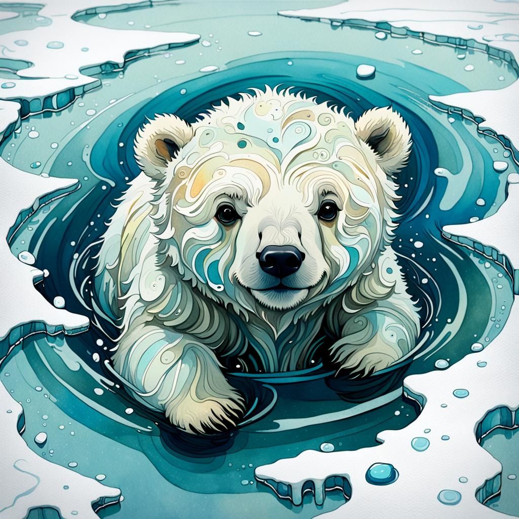 Chibi Polar Bear Swimming in Arctic Wonderland