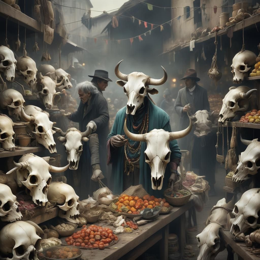 Merchants Trading Cow Skulls at a Bustling Market
