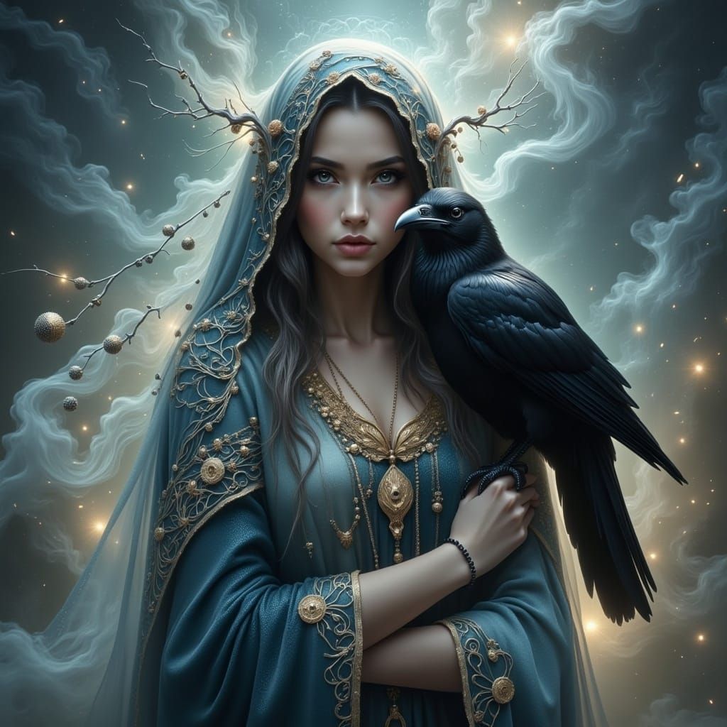 Mystical Woman Surrounded by Iridescent Mist and Majestic Ra...