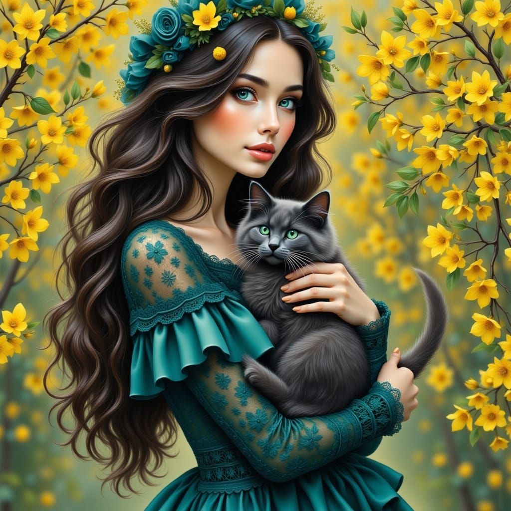 Girl with Russian Blue Kitten in Forsythia Bloom