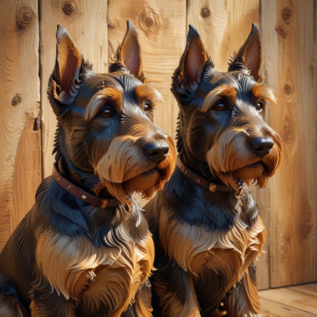 Wooden Scottish Terriers Oil Painting