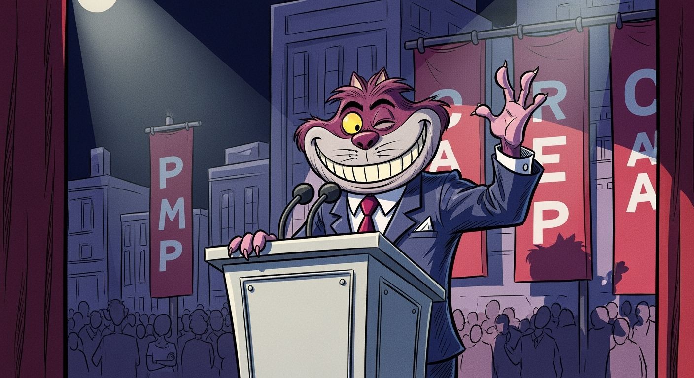 The Cheshire Cat as a slick politician giving a campaign spe...