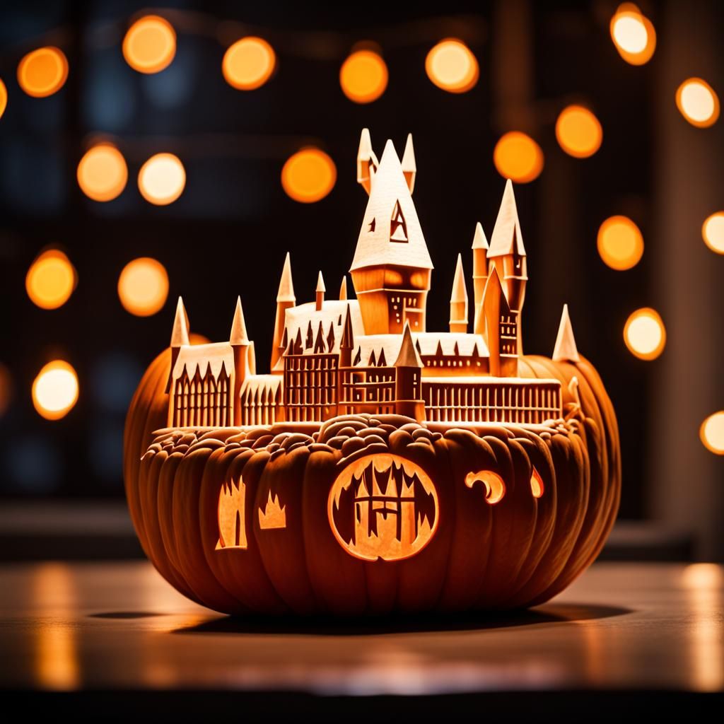 Detailed Pumpkin Carving of Hogwarts: Photography