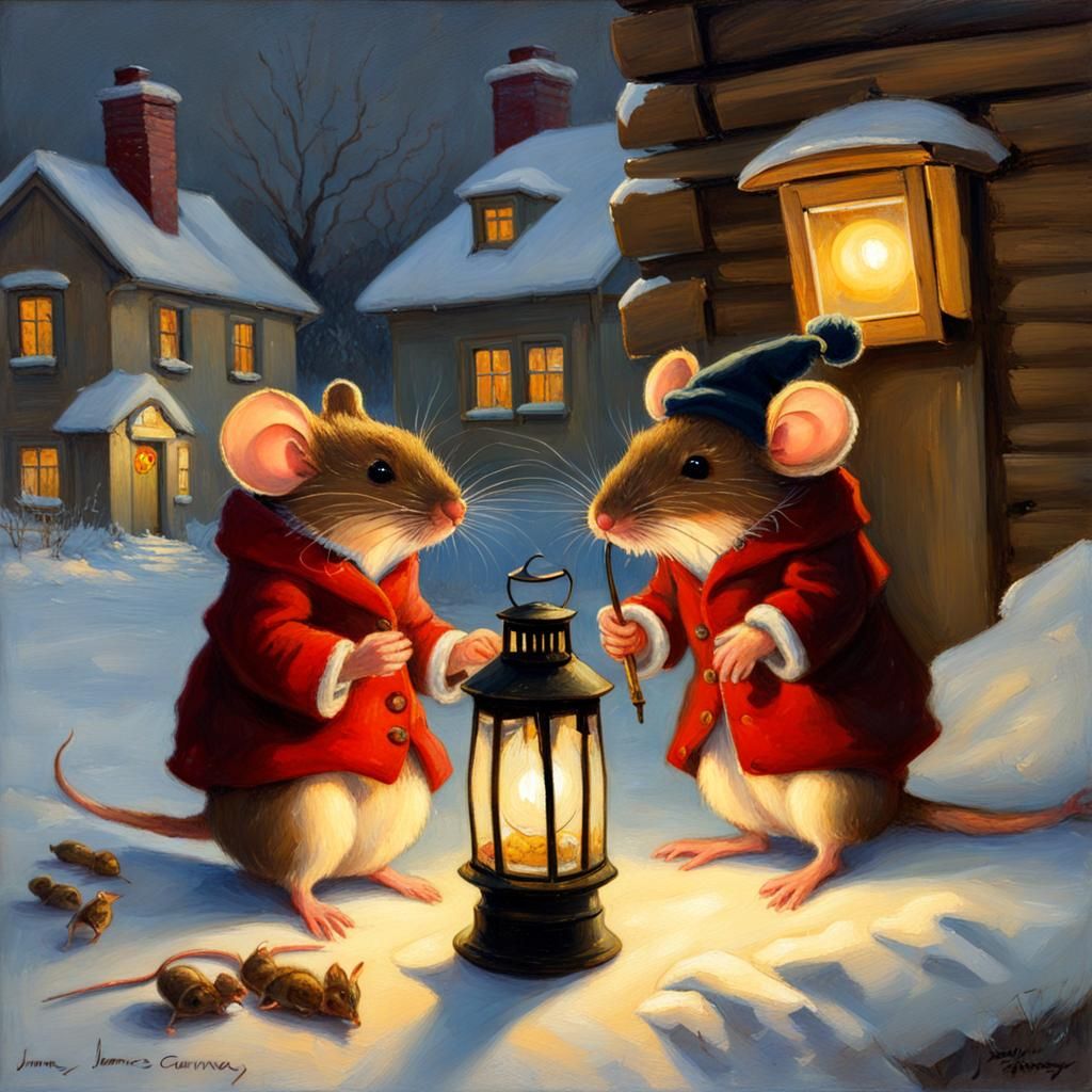 Mice Warm Themselves by Christmas Lantern